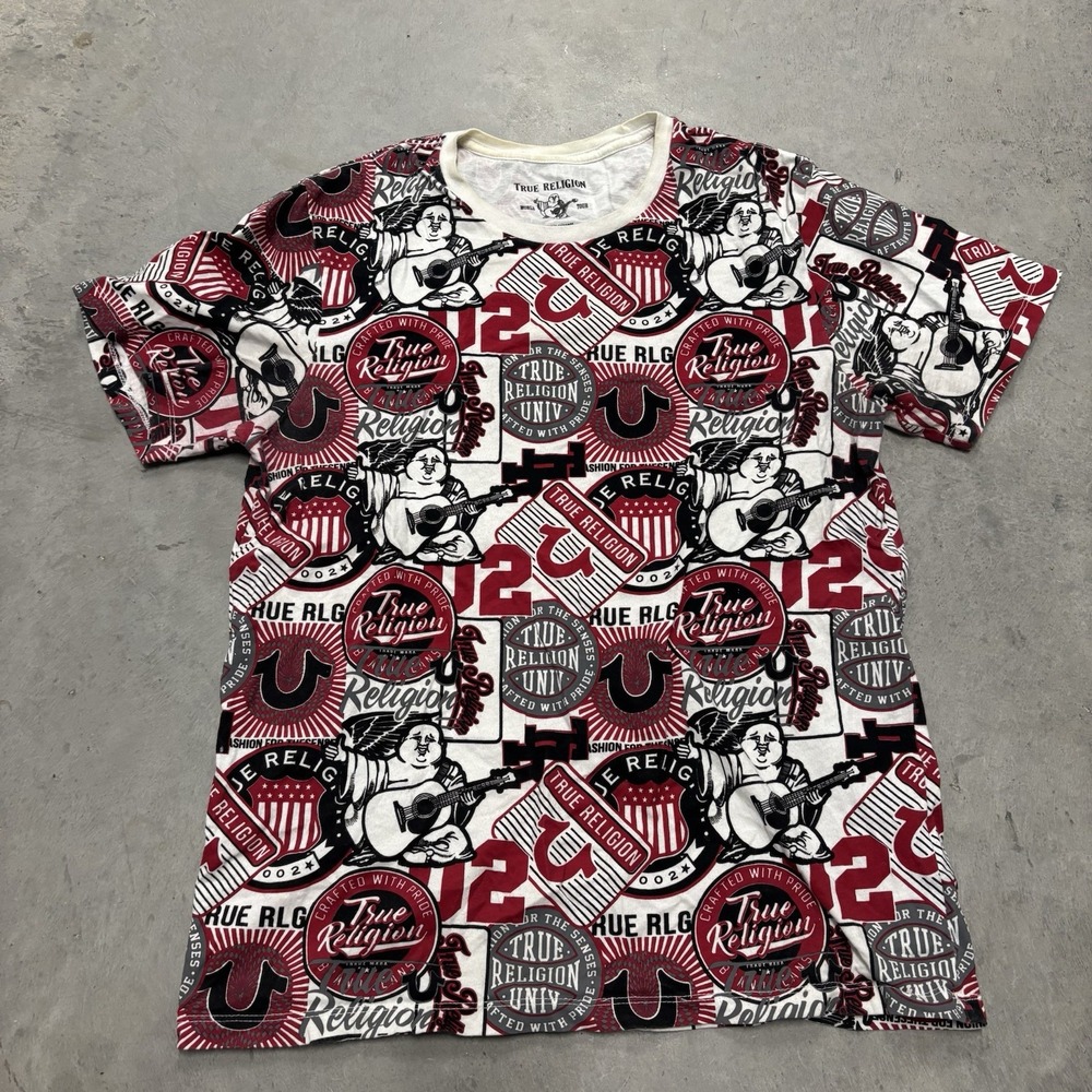 True Religion‎ T-shirt All-Over Print Sz Youth Medium Unisex Black White Red